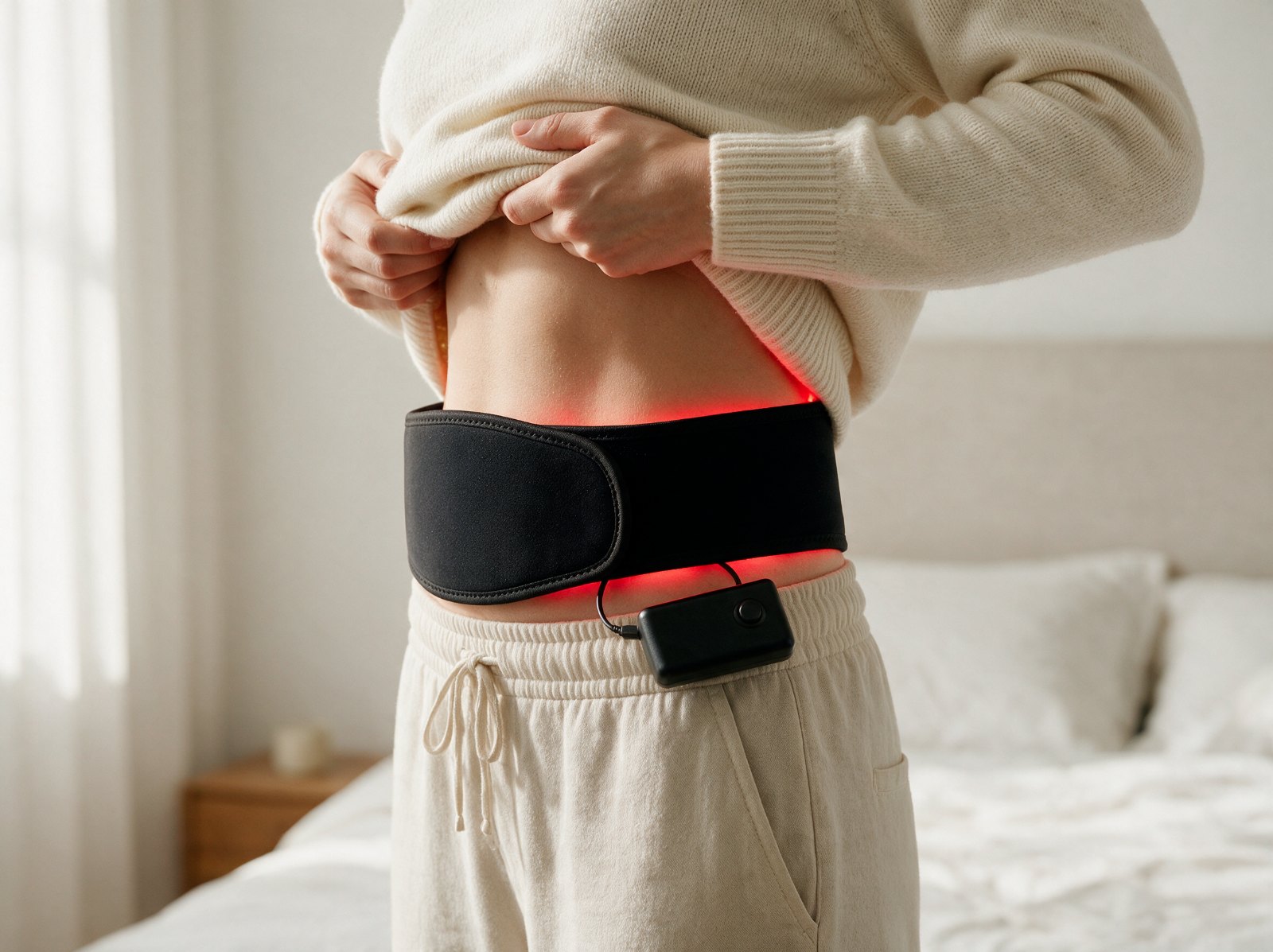 The Belt fastened around a waist beneath a lifted sweater