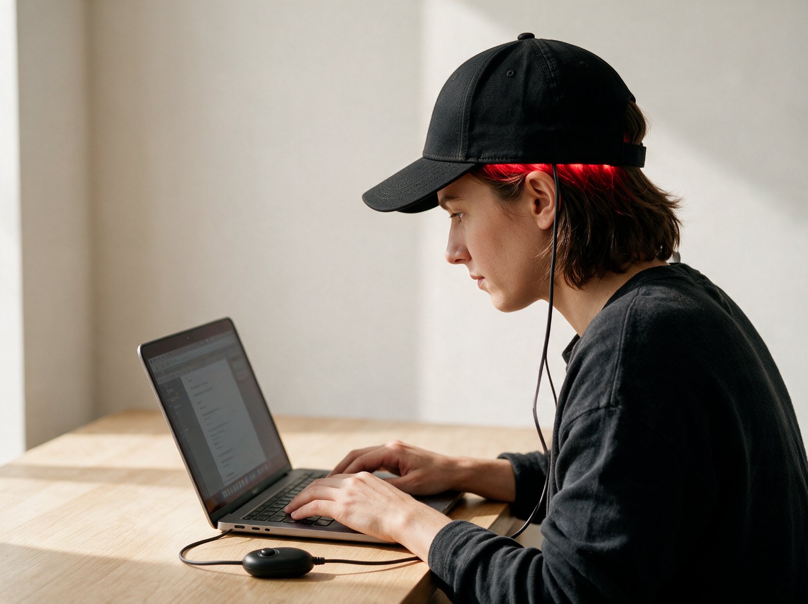 A person wearing the Cap at a desk, red light showing at the cap band