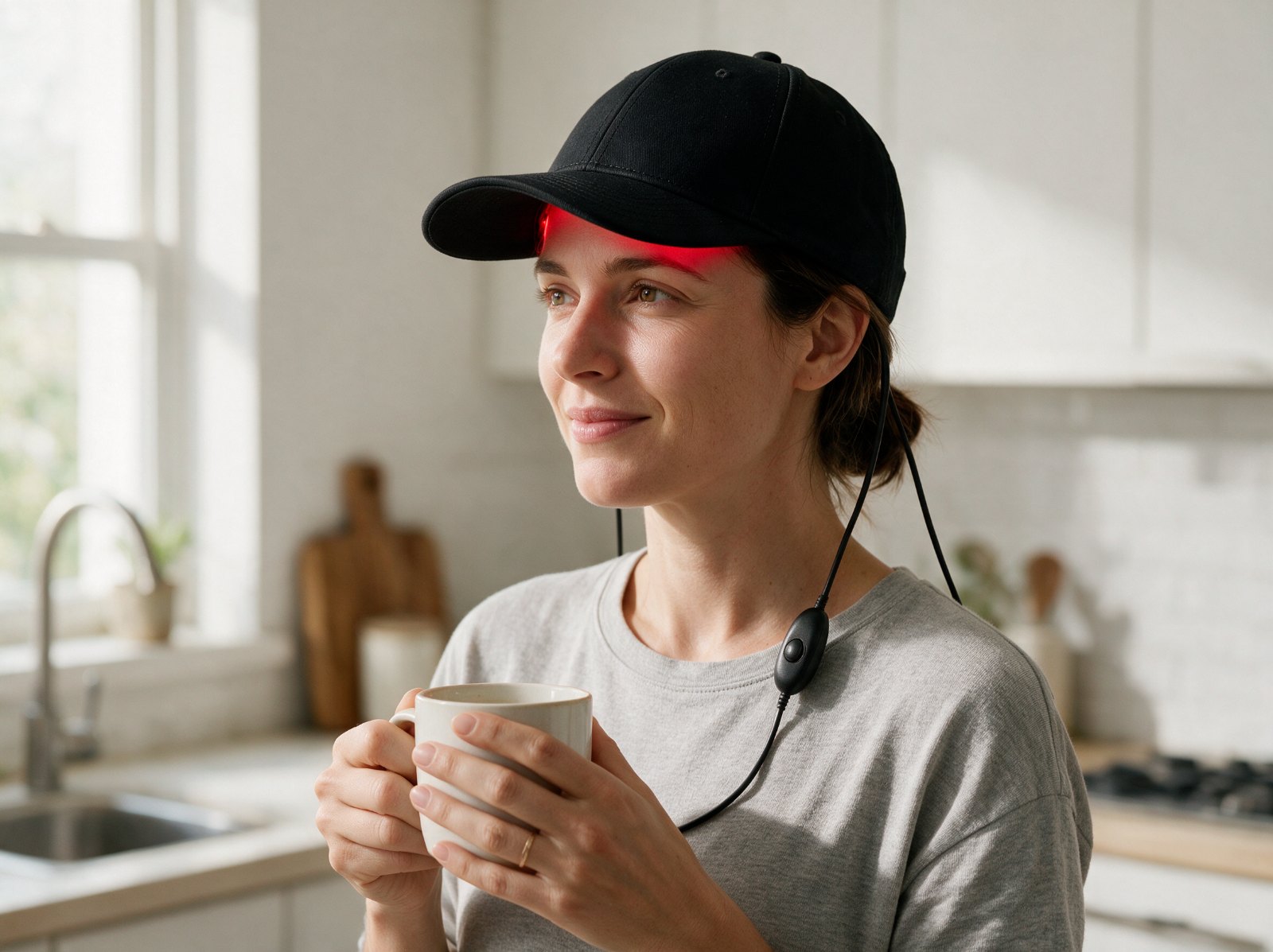 A person wearing the Cap in a kitchen, holding a mug